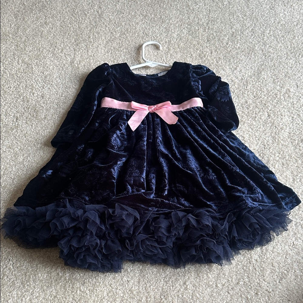 Blueberi Boulevard Navy Velvet Dress with Pink Bow
